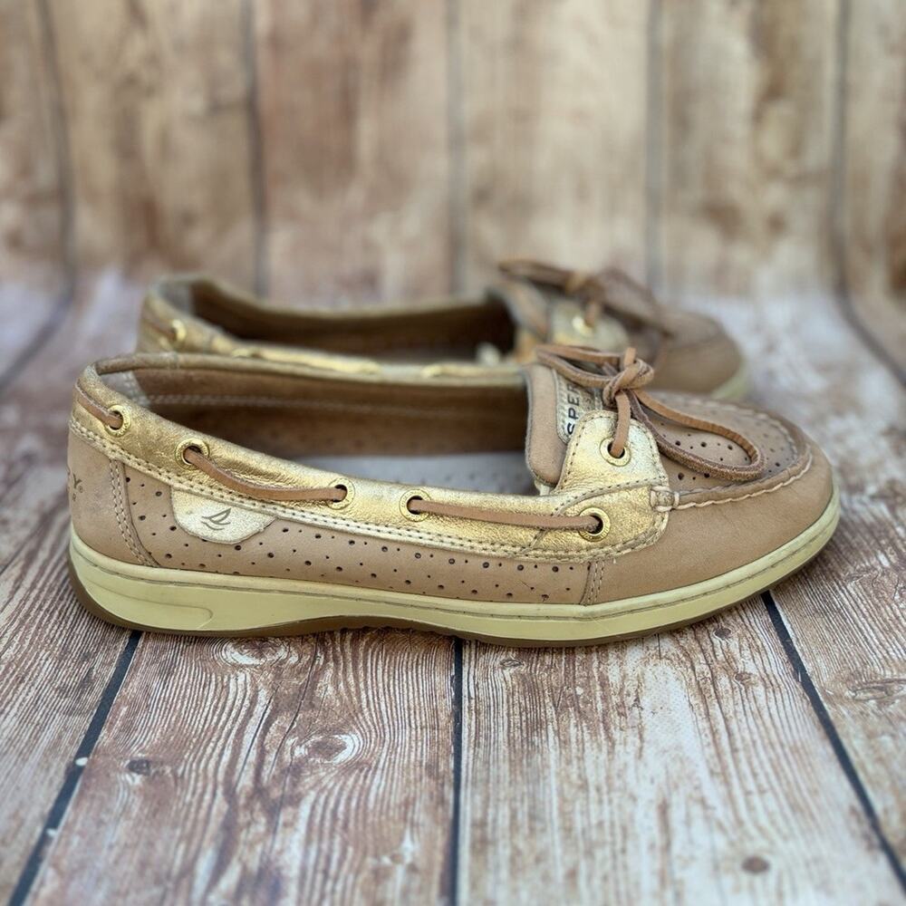 Sperry Tan Gold Leather Perforated Bow Slip On Boat Flats Women’s Size 8